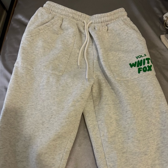 White Fox Boutique Pants - white fox cuffed sweats with green lettering size xs